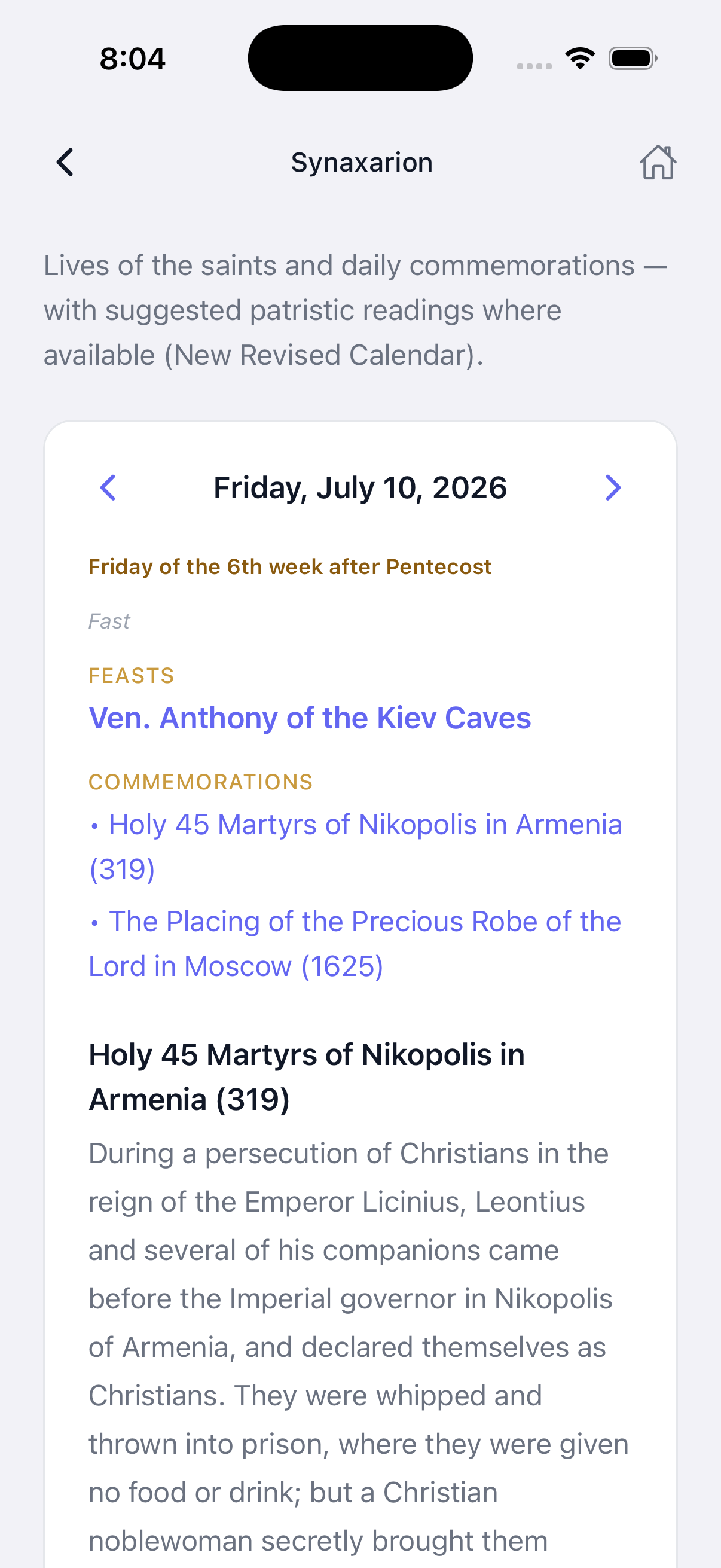 Synaxarion — daily saint commemorations